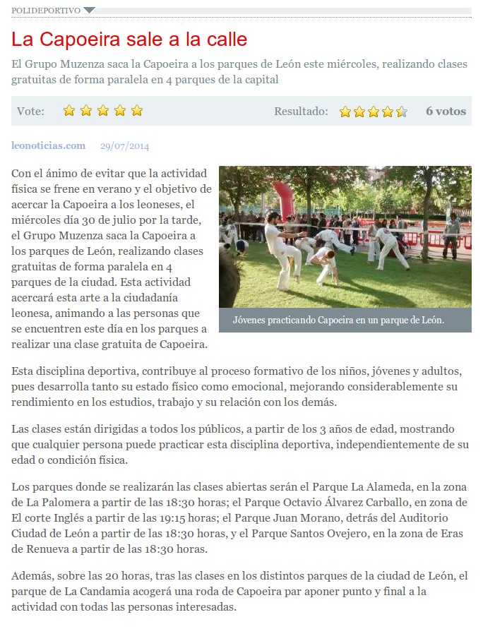 Noticia de leonoticias sobre la actividad Capoeria en los parques de León