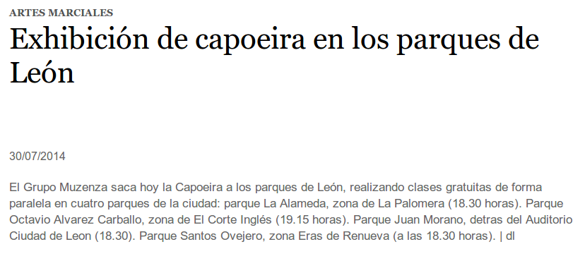 Noticia del Diario de León sobre la actividad Capoeria en los parques de León
